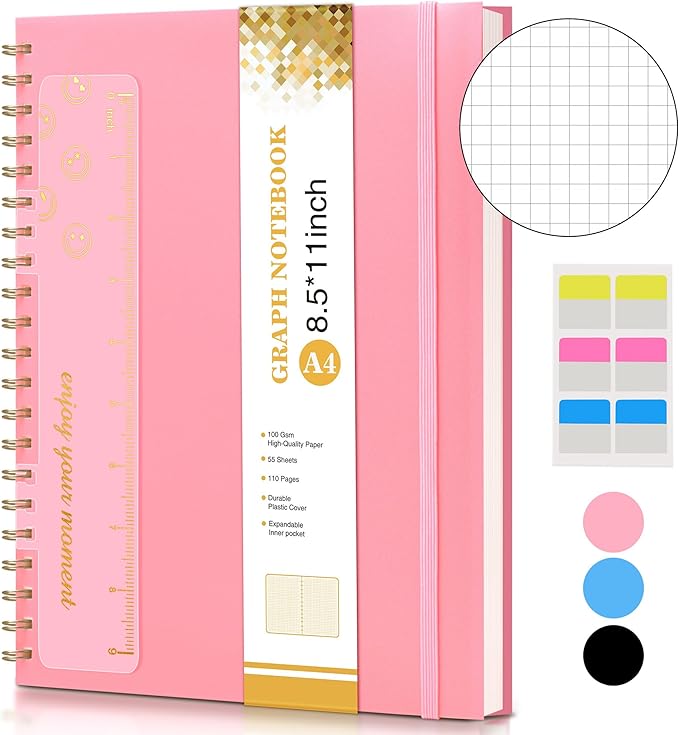Graph Paper Notebook, Spiral Notebook Journal 8.5” x 11”, A4 Large Grid Notebooks for Women Men, 100 GSM Graph Paper, Plastic Hardcover Spiral Graphing Journals for Work School Engineering, Pink