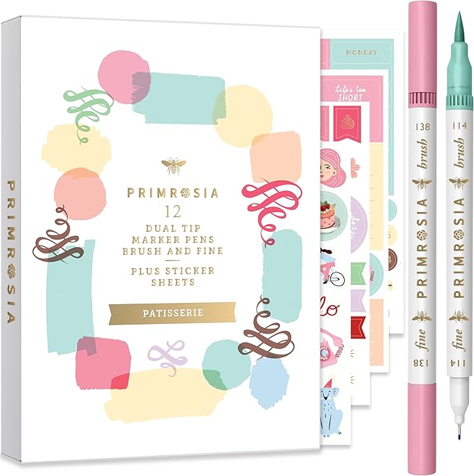 Primrosia 12 Dual Tip Watercolor Marker Pens - Fine Tip & Brush Tips, Professional Quality, 4 x Sticker Sheets, Blendable, Non-Toxic, Perfect for Calligraphy, Drawing & Coloring. (Patisserie)