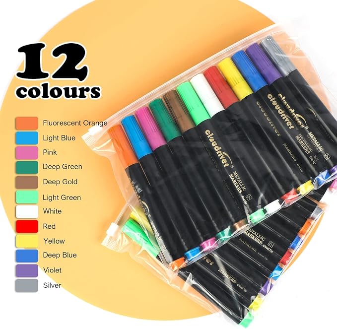 cloudriver Metallic Markers, 24 Count, 12 Assorted Colors, Fine and Chisel Tip, Metallic Marker Pens For Black Paper, Art Rock Painting, Easter Egg, Card Making, Scrapbook Crafts