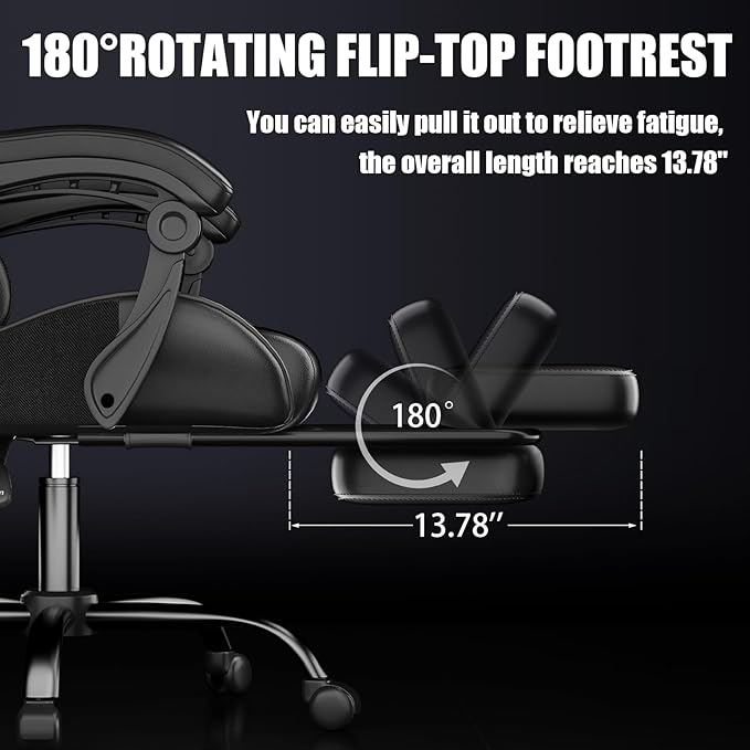 Gaming Chair, Ergonomic Office Computer Chair with Footrest and Lumbar Support Massager Racing Style High Back Video Gamer Chair, Wide&Thick Cushion, 90°-135° Recline, Adjustable Height, Black