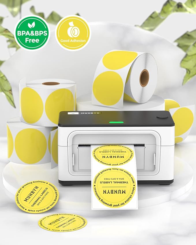 MUNBYN 2 Inch Circle Yellow Thermal Sticker Labels, Multi-Purpose Self-Adhesive Round Direct Thermal Labels for Business, 750 Sheets/1 Roll
