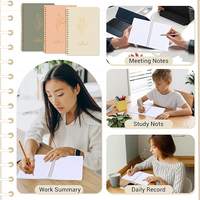 3 Pcs Spiral Notebook 5.9x8.3, 140 Pages Small Notebook for Women A5 College Ruled Journals Cute Notebooks with Large Pockets and Index Stickers for Home School Office Use(Green, Beige, Orange)