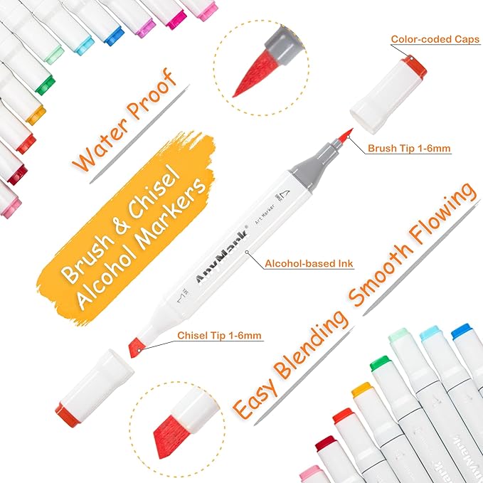 AnyMark Alcohol Markers Brush Tip, 60+1 Colors Dual Tip Brush & Chisel Alcohol-Based Art Markers Set with Case for Adult Artists Drawing Coloring