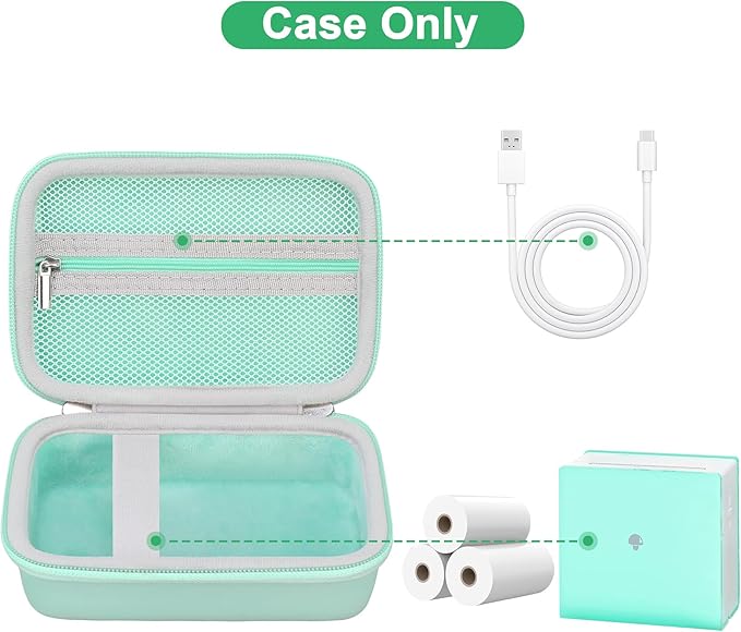 Canboc Case for Memoking/Ponek/Phomemo/Omezizy/Memoqueen T02 Mini Printer Sticker Printer/Phomemo M02 Printer, T02 Portable Thermal Printer Box for Thermal Paper, USB Cable, Green (Case Only) 