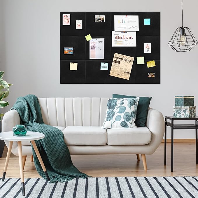 YOUEON Black Felt Bulletin Board for Wall 48" x 36", 12 Pack Black Cork Board Alternative with Pushpins & Self Adhesive Stickers, Soundproof Wall Tiles, Pin Boards for Home Office School