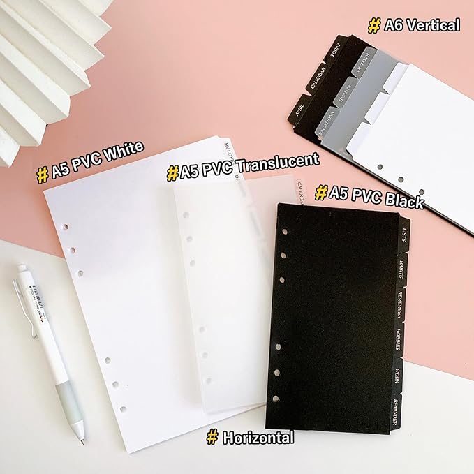 DY.2ten White Binder Dividers for 6-Holes Ring Binder, 1/6 Cut Tabs, A6 Size, Sturdy Plastic Dividers with 6 Tabs for School Office Home, 2 Sets, 12 Dividers, 2 Tab Stickers.