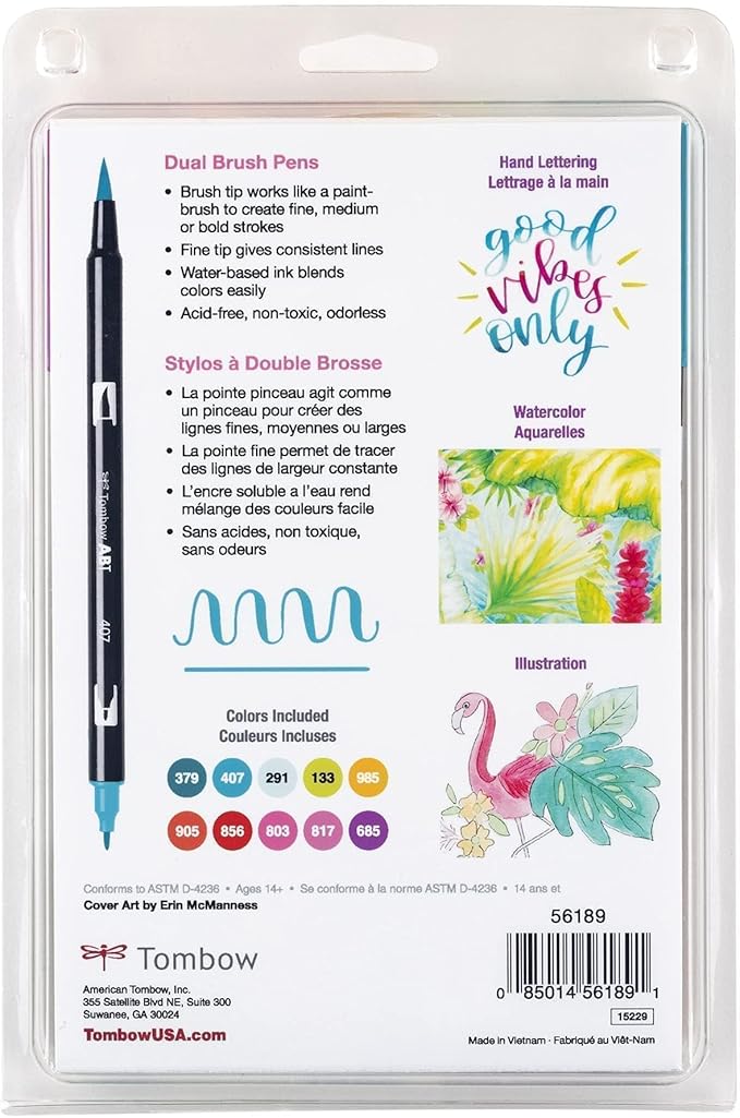 Tombow 56189 Dual Brush Pen Art Markers, Tropical, 10-Pack. Blendable, Brush and Fine Tip Markers
