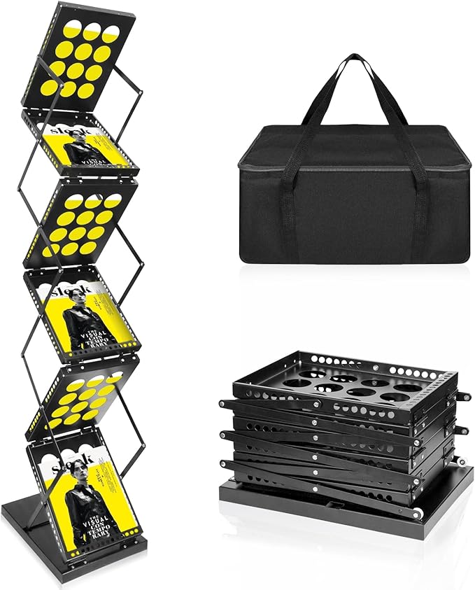 Folding Literature Rack, 6 Pockets Metal Brochure Holder Stand Floor Standing Magazine Rack,Double-sided Display Flyer Holder Stand Literature Stand for Trade Show Office Store Home