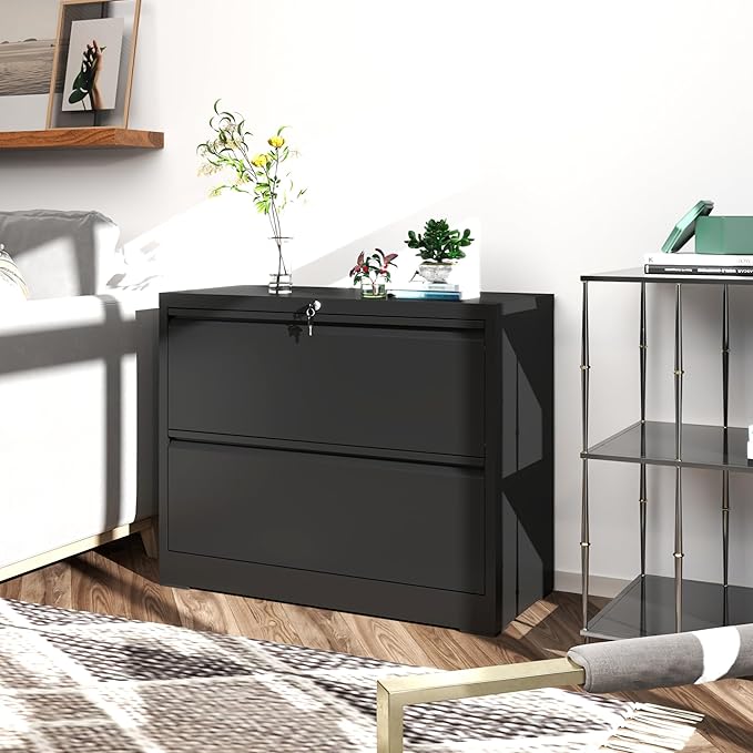 File Cabinets 2 Drawer,Metal Office Storage Filing Cabinet with Lock,Black Lateral Filing Cabinet for Home Office,Horizontal 2-Drawer File Cabinets for Legal/Letter/A4,Assembly Require,Black