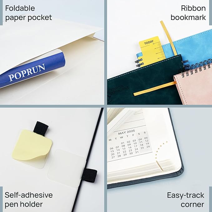 POPRUN Weekly Planner 2026 Pocket Size Calendar (4" x 6.25") 12 Months Notebook with Horizontal Layout, Leather Soft Cover, Inner Pocket, 100GSM Thick Paper, Pen Holder - Black