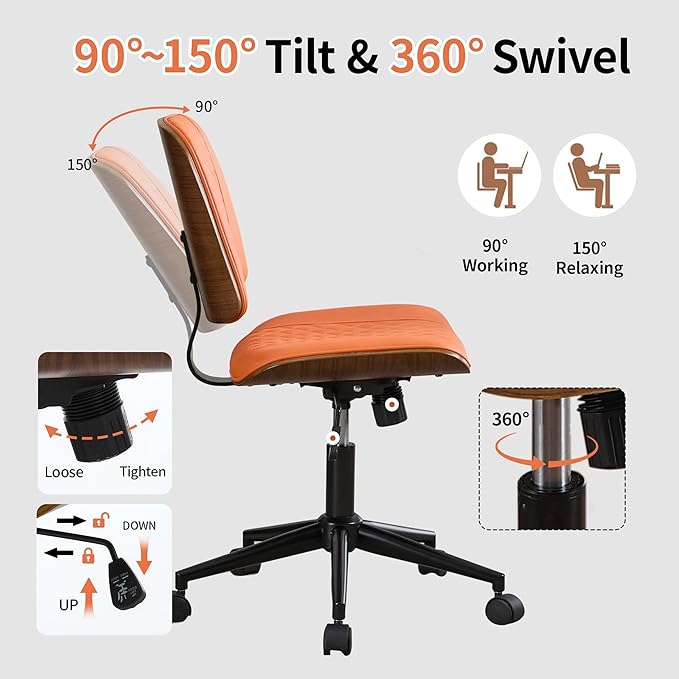 Armless Orange Home Office Chair – Mid-Back PU Leather, Adjustable Height Desk Chair with Swivel Wheels, Walnut Frame for Small Space Study or Bedroom