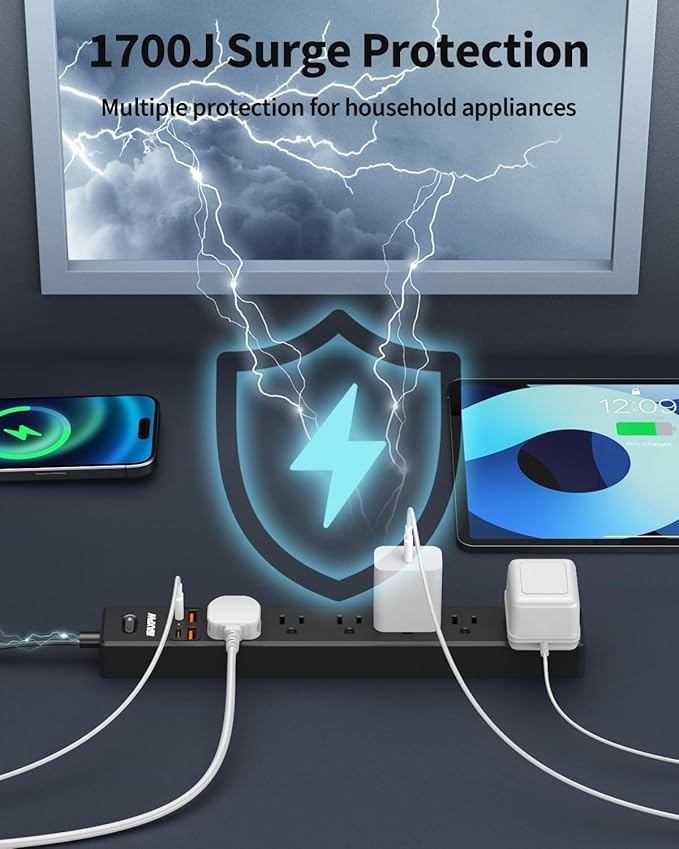 10 Ft Power Strip Surge Protector - 7 Outlets 4 USB Ports (2 USB C), Ultra Thin Flat Extension Cord & Flat Plug, 1700 Joules, Wall Mount, Desk Charging Station for Home Office Dorm, Black