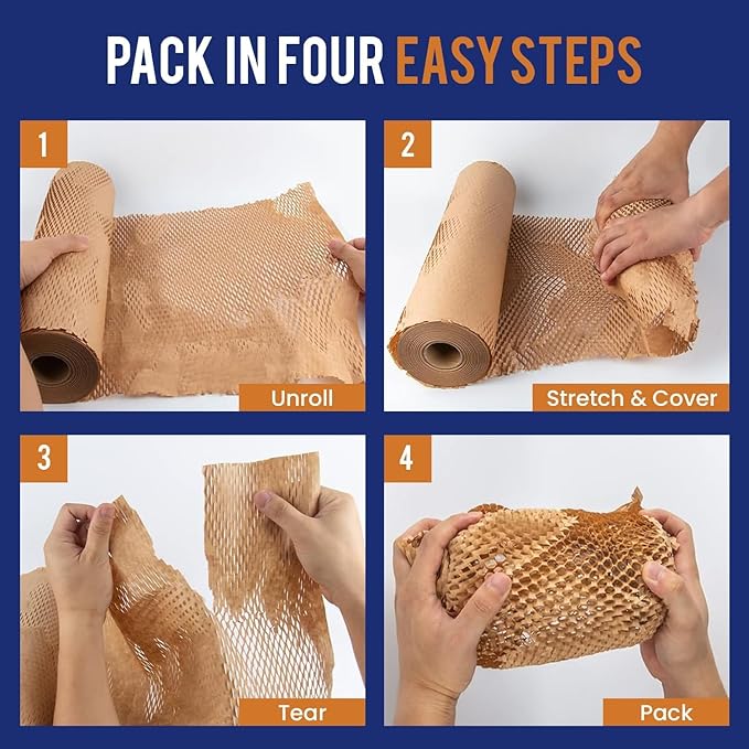 Honeycomb Packing Paper 15" x 400ft with Rope & 20 Fragile Stickers|Shipping & Moving Supplies|Small Business Packaging Supplies|Eco Friendly Bubble Wrap Packing Boxes for Moving Certified FSC C204227