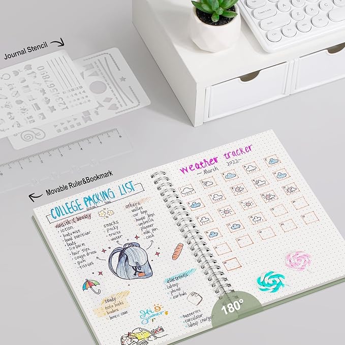 AHGXG Bullet Dotted Journal - Dot Grid Spiral Notebook A5, 160 Pages, 100 GSM Thick Paper, Waterproof Plastic Cover Journals for Bullet Journaling, Sketching, 5.7" x 8.3", Sage Green