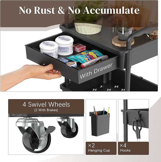 4 Tier Rolling Utility Cart with Drawer, Utility Storage Organizer with Plastic Shelf & Lockable Wheels Multifunctional Storage Cart for Kitchen, Bathroom, Office, Living Room, Black