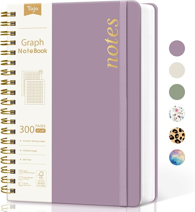 Spiral Graph Paper Notebook Journal for Work, 300 Pages, Thick B5 (7.1"x10") Grid Journals for Women & Writing, Hardcover Notebook for Note Taking, Perfect for Work School Note Taking Business, Purple