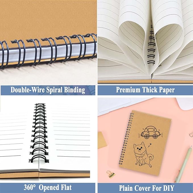 GINMLYDA 4Pack Small Spiral Notebook A5, 8.25x5.5โ 120 Lined Pages Wide Ruled Spiral Journal Bulk Blank Kraft Cover Spiral Bound Notebook & Writing Pads for Home Office Meeting Work Note Taking