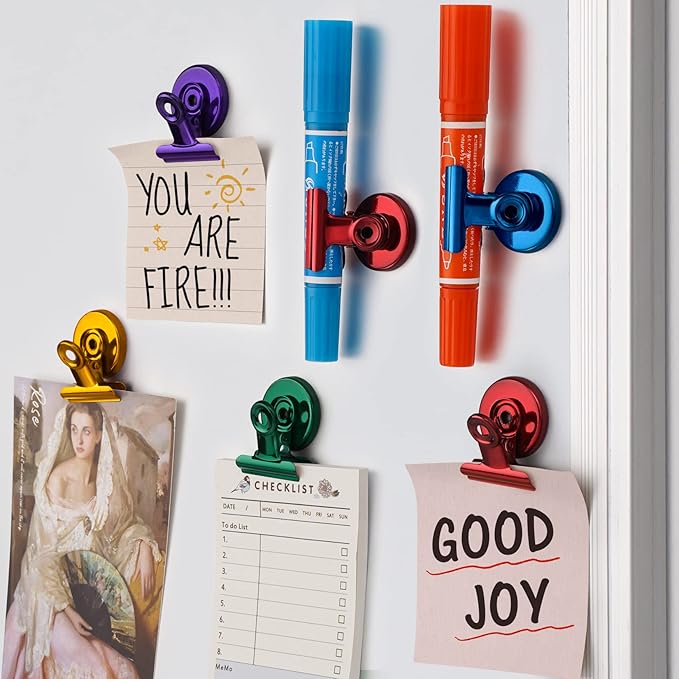 FINDMAG 12 Pack Magnetic Clips for Photo Display and Picture Hanging, Heavy Duty Scratch-Free Fridge Magnets, Strong Clips for Photo Display, Whiteboard, Office, Kitchen, School, 30mm Wide, Gold.