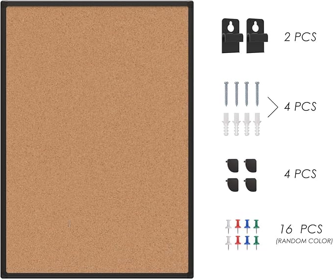 Board2by Cork Board Bulletin Board 24“ x 18”, Black Wood Framed Corkboard, Office Board for Wall Cork, Large Wall Mounted Notice Pin Board with 16 Push Pins for School, Home & Office