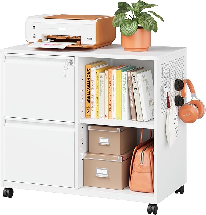 Metal File Cabinet,Lockable Lateral Filing Cabinet for Letter/A4 Size Files,Rolling Printer Stand with Adjustable Shelf & Lockable Wheelss for Home Office(White)