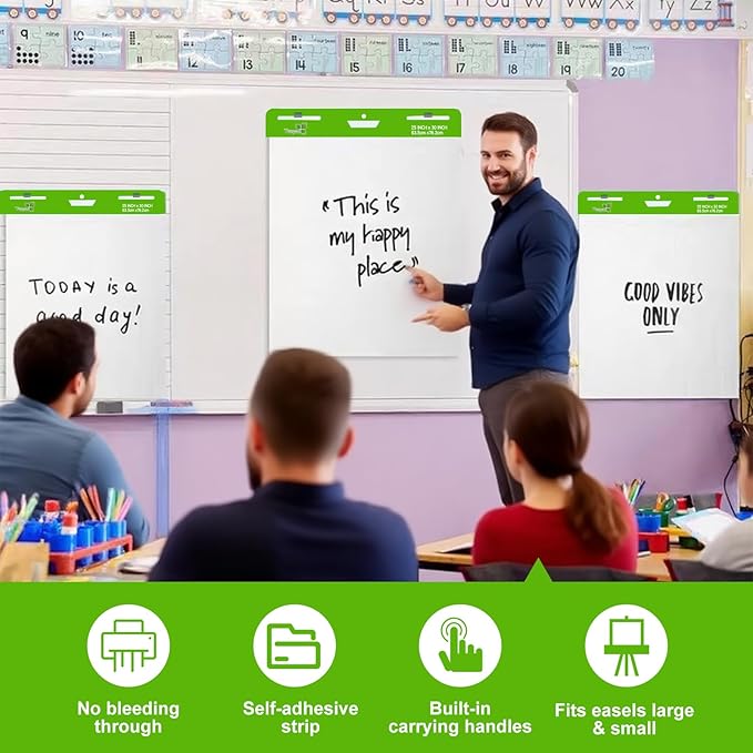Sticky Easel Pad 25 in x 30 in, 35 Sheets/Pad, 4 Pads/Pack, 140 Sheets, Large White Sticky Easel Paper for Office and Classrooms, Flip Chart Paper for Teachers,Super Sticking Power & Bleed-Resistant