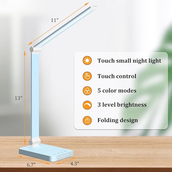 LED Desk Lamp with USB Ports,Touch Desk Lamps for Home Office with 5 Color Modes,3 Brightness Desk Light with Small Night Light,Reading Lamp Table Lamp for Bedroom Bedside Study Blue (with adapter)