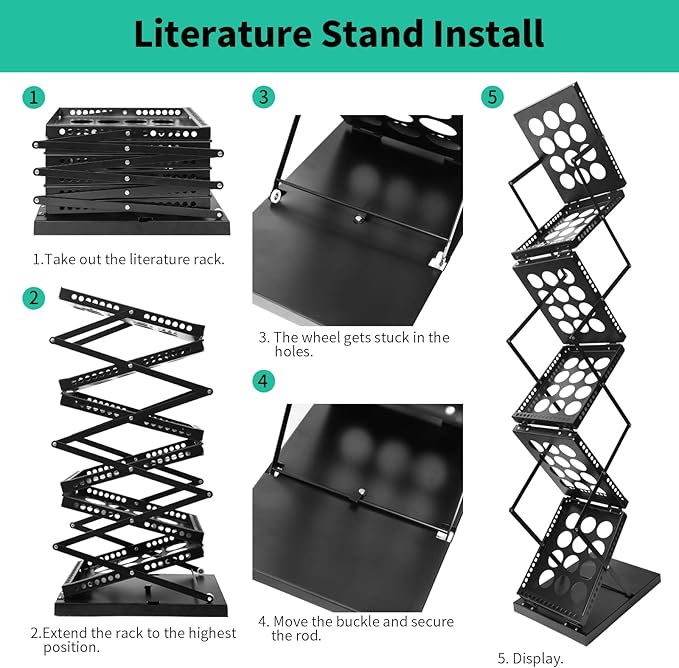 Folding Literature Rack, 6 Pockets Metal Brochure Holder Stand Floor Standing Magazine Rack,Double-sided Display Flyer Holder Stand Literature Stand for Trade Show Office Store Home