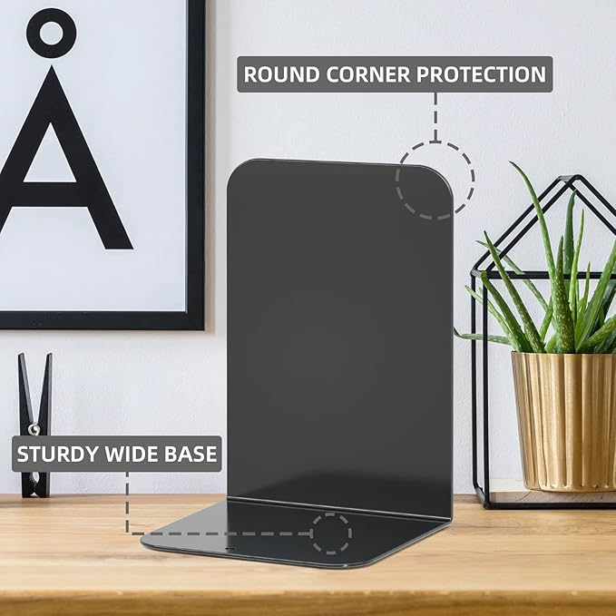 VFINE Bookends 1 Pair, Black Metal Book Ends, Bookends for Shelves, Book Stopper for Heavy Books, Book Dividers for Home Office School Supplies