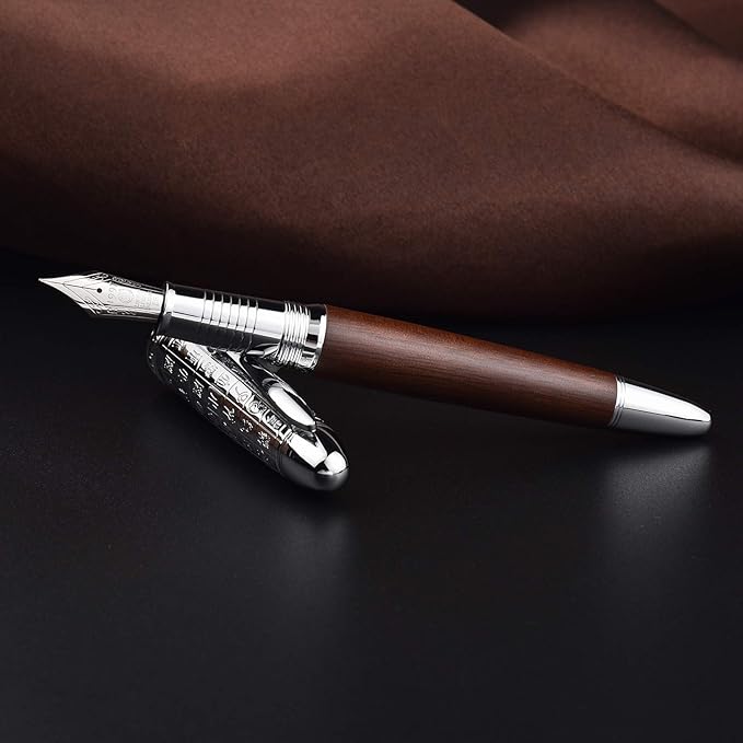 Hongdian 6016 Natural Wood Fountain Pen, Iridium Extra Fine Nib Writing Pen with Metal Pen Case