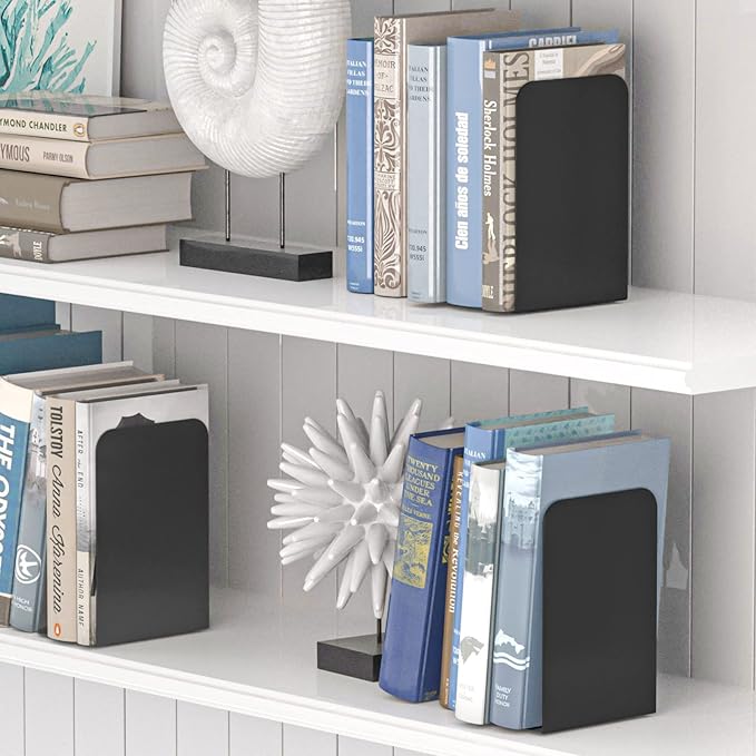 VFINE Bookends 4 Pairs, Black Metal Book Ends, Bookends for Shelves, Book Stopper for Heavy Books, Book Dividers for Home Office School Supplies