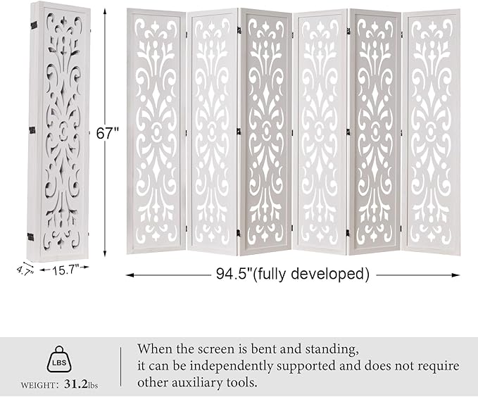 5.6Ft Room Divider Folding Wood Classical Carved Partition Screen for Home Office Garden - 6 Panels (White)