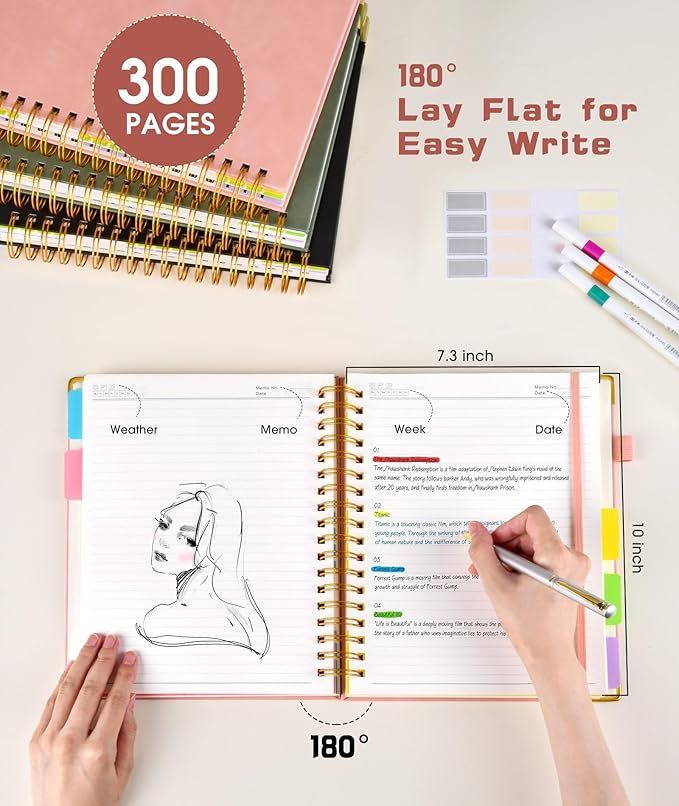 Hardcover Spiral Notebook journal with Removable Dividers Tabs, 300 Pages Leather 5 Subject Notebook College Ruled, 100GMS A5 Notebooks for Work School Note taking,Lined Journal for Women,A5-Pink