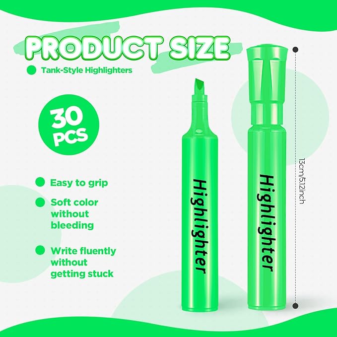 Qilery 30 Pack Highlighters Bulk, Tank Style Chisel Tip Highlighters Markers Quick Drying for Kids and Adult Coloring, Classroom Home Office School Supplies (Green)