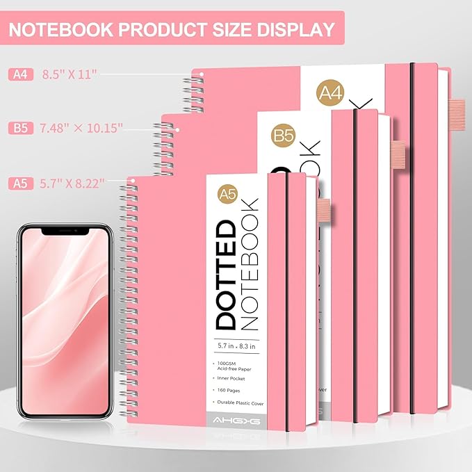 AHGXG Bullet Dotted Journal - Dot Grid Spiral Notebook 8.5" x 11", A4 Large Dotted Notebook, 100 GSM Thick Paper, Waterproof Plastic Cover Journals for Bullet Journaling, Sketching, Pink