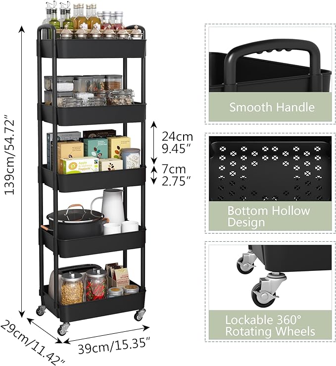 Sywhitta 5-Tier Plastic Rolling Utility Cart with Handle, Multi-Functional Storage Trolley for Office, Living Room, Kitchen, Movable Storage Organizer with Wheels, Black