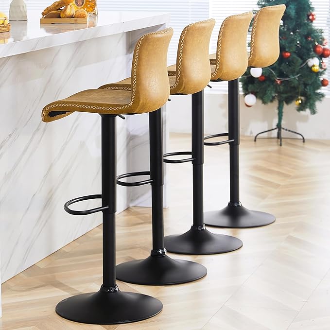 HeuGah Swivel Bar Stools Set of 2, Adjustable Counter Height Barstools with Back, Brown Faux Leather Bar Chairs for Kitchen Island (Whiskey Brown, Set of 2 (24'' to 32''))