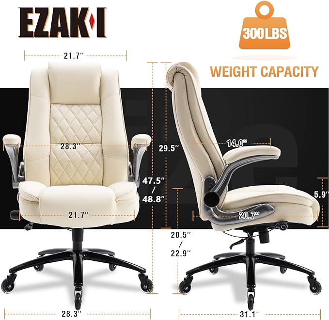 EZAKI High Back Office Chair-Flip-up Arms Executive Computer Desk Chair, Built-in Lumbar Support Thick Padded Adjustable Rock Tension Ergonomic Design for Back Pain (Beige)