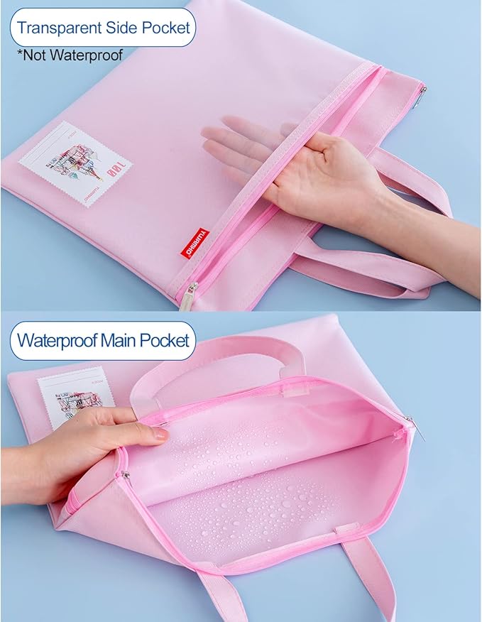 pendancy Mesh Zipper Pouch 11x13.7 in, Large Double Pocket Waterproof File Bag with Handle, A4 Size Foldable Document Storage for Puzzle Project/Cross Stitch/Travel/Office(Pink)