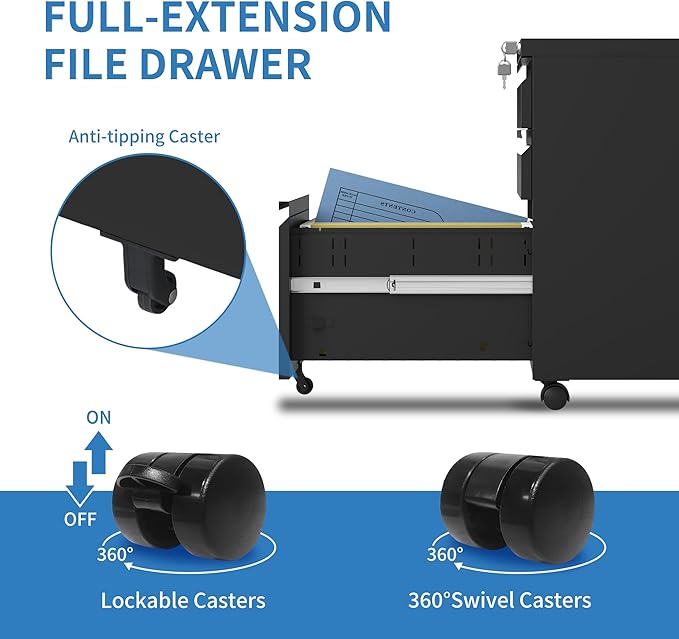 3 Drawer Mobile File Cabinet, Metal Under Desk Filing Cabinet with Lock and Wheels, Home Office Rolling File Cabinet for Legal/Letter Hanging File Folders, Fully Assembled (Black)