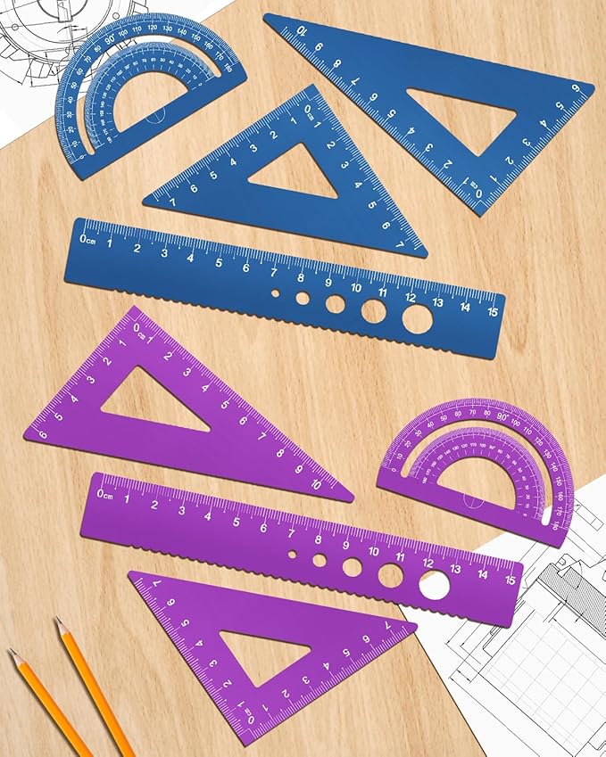 Honagu Triangular Ruler Set, 8 Pieces/2 Sets Aluminum Alloy Ruler, Metal Drafting Ruler, Geometric Protractor for Students, Draftsmen, Engineers, School Office Supplies (Blue+Purple)