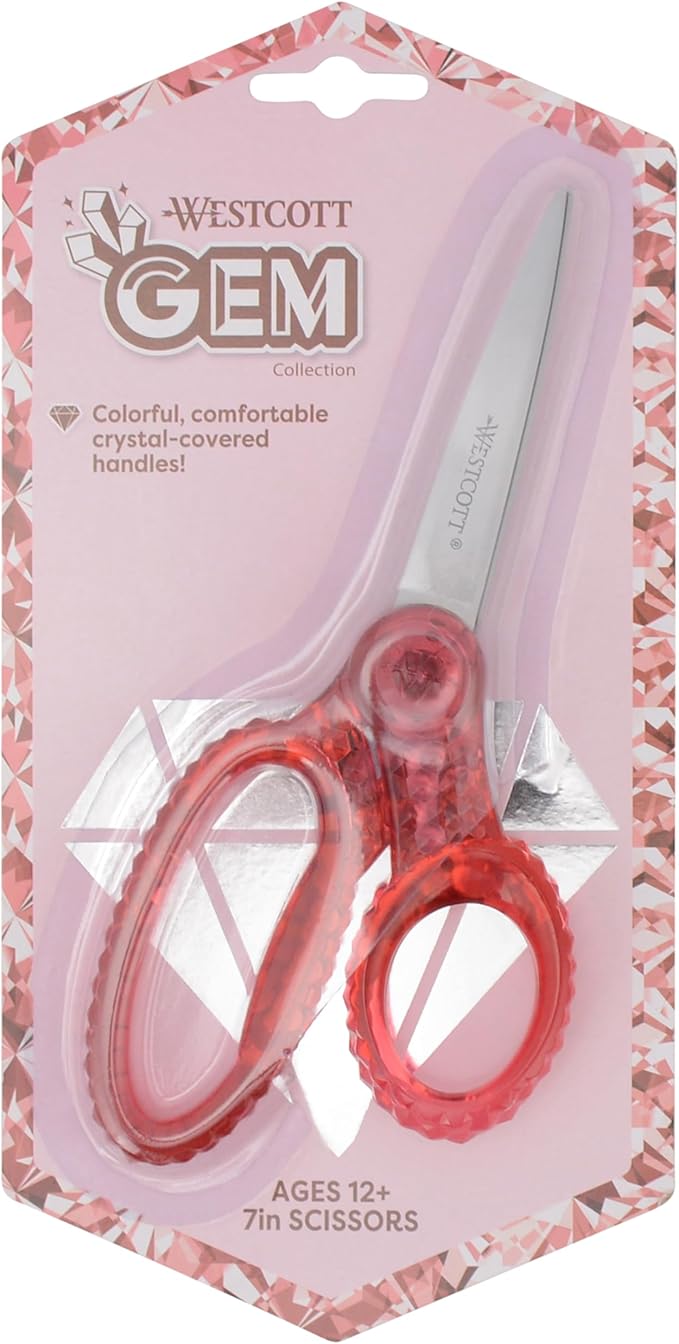 Westcott 7" GEM Crystal-Design Student Scissors, for Kids Aged 12+ - Scissors for School, Craft, Home, DIY, Classroom - Pink