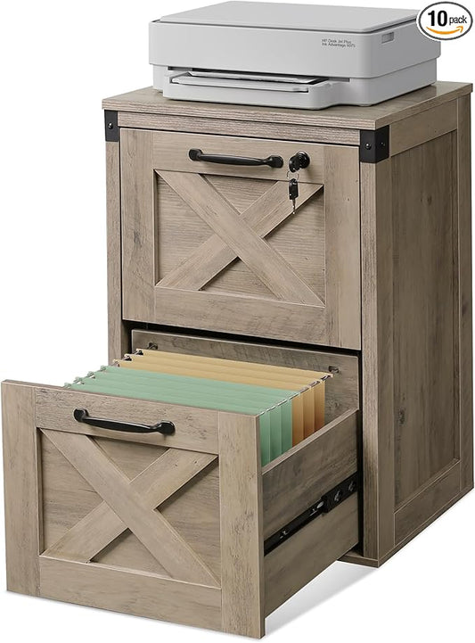 DEVAISE 2 Drawer File Cabinet with Lock, Wood Farmhouse Filing Cabinet for Home Office, Printer Stand Fits Letter and A4 Size, Gray Oak