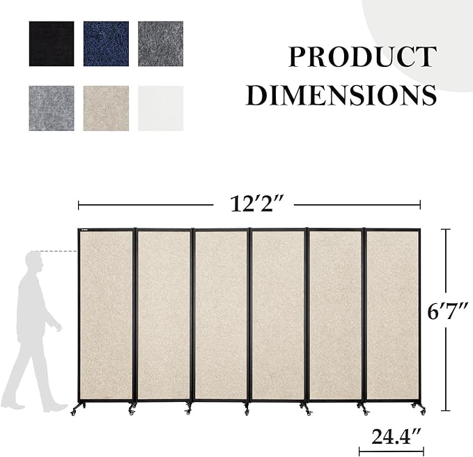 Upgrade Version Room Partition and Divider, Freestanding Rolling Dividers with Wheels,Office Privacy Screen Divider Wall,Classroom Felt Dividers,12'2"L* 6'7"H,6 Panel,Beige
