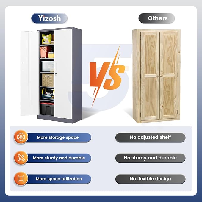 Yizosh Metal Storage Cabinet with 2 Locking Doors and 5 Adjustable Shelves, 72" Garage Storage Cabinet Steel Lockable for Office,Home,Garage