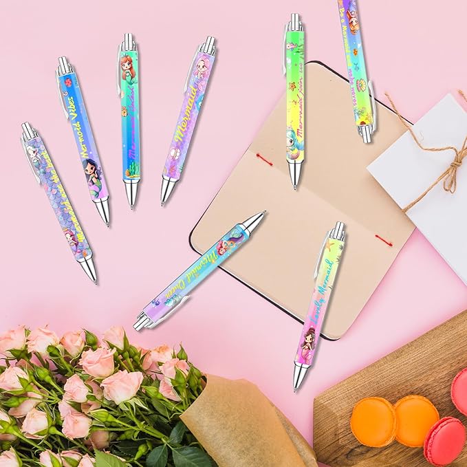 Mermaid Pens for Girls β Cute Mermaid-Themed Ballpoint Pen Set for Kids, Teens, and Ocean Lovers β Fun Stationery Gift for School, Journaling, Drawing, or Writing β 8 Colorful Pens with Smooth Ink