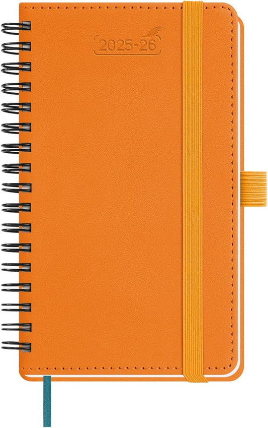BEZEND Pocket Planner 2025-2026 Weekly and Monthly, 3.5" x 6" Academic Planner (Jul 25-Dec 26) 18-Month Mid-Year Calendar Book, Storage Pocket, Pen Holder, PU Leather Softcover, Spiral - Orange