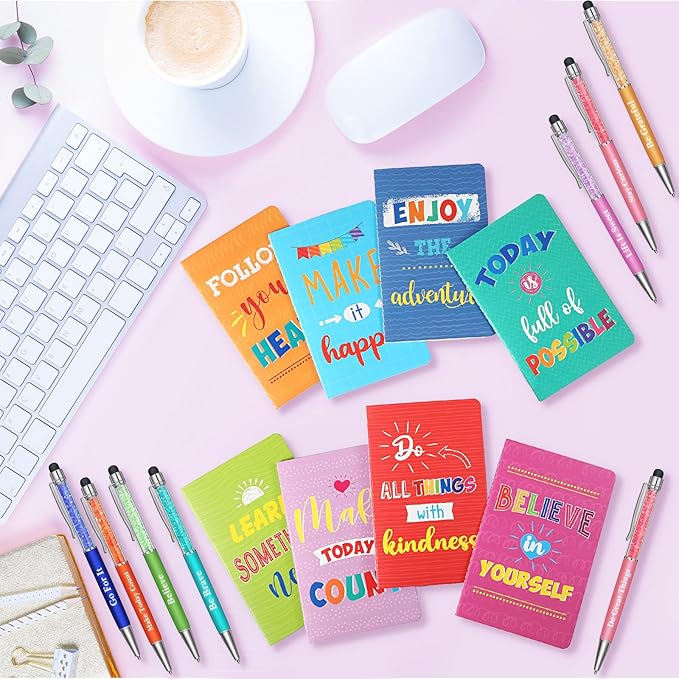 Funrous 32 Pcs Motivational Quote Pens Inspirational Notepads Mini Journal with Ballpoint Pen Small Notebooks Gift Set for Men Women Coworkers, Adult Party Favors Prizes Gift Bulk(Colorful)