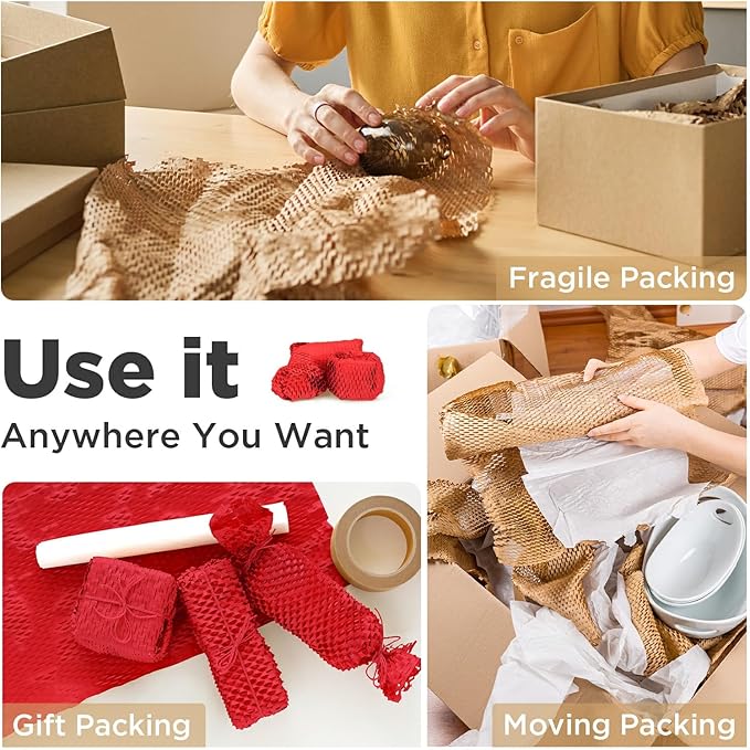 Honeycomb Packing Paper, 12"x200' Red | Perforated Honeycomb Packing Paper Recyclable Moving Supplies for Shipping & Moving | Plastic-Free Alternative to Bubble Cushion Wrap with 36 Fragile Stickers