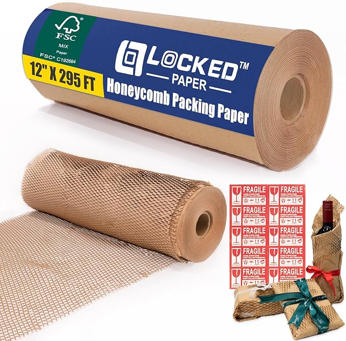 Honeycomb Packing Paper for Moving Breakables 12" x 295 FT Bulk Packing Materials for Household, Bubble Cushioning Wrap Roll Eco Friendly Packaging Shipping Supplies for Dishes
