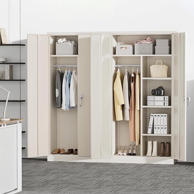 Greenvelly Metal Storage Cabinet with 2 Doors, Grey 72” Steel Storage Wardrobe Cabinet, Employees Locker Closet Clothing Coat Steel Wardrobe Cabinet with Hanging Rod for Garage, Gym, Home Office